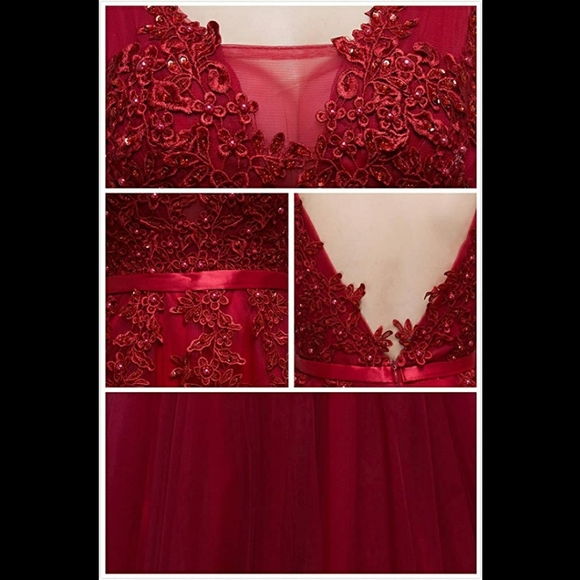 Double V- Neck Tulle Long Evening Cocktail Gown - Picture 4 of 11